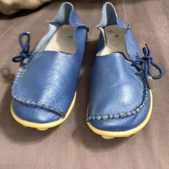 Socofy Womens Leather Slip On Blue Walking Shoes Moccasins Flats SZ 37 235 - Picture 2 of 7